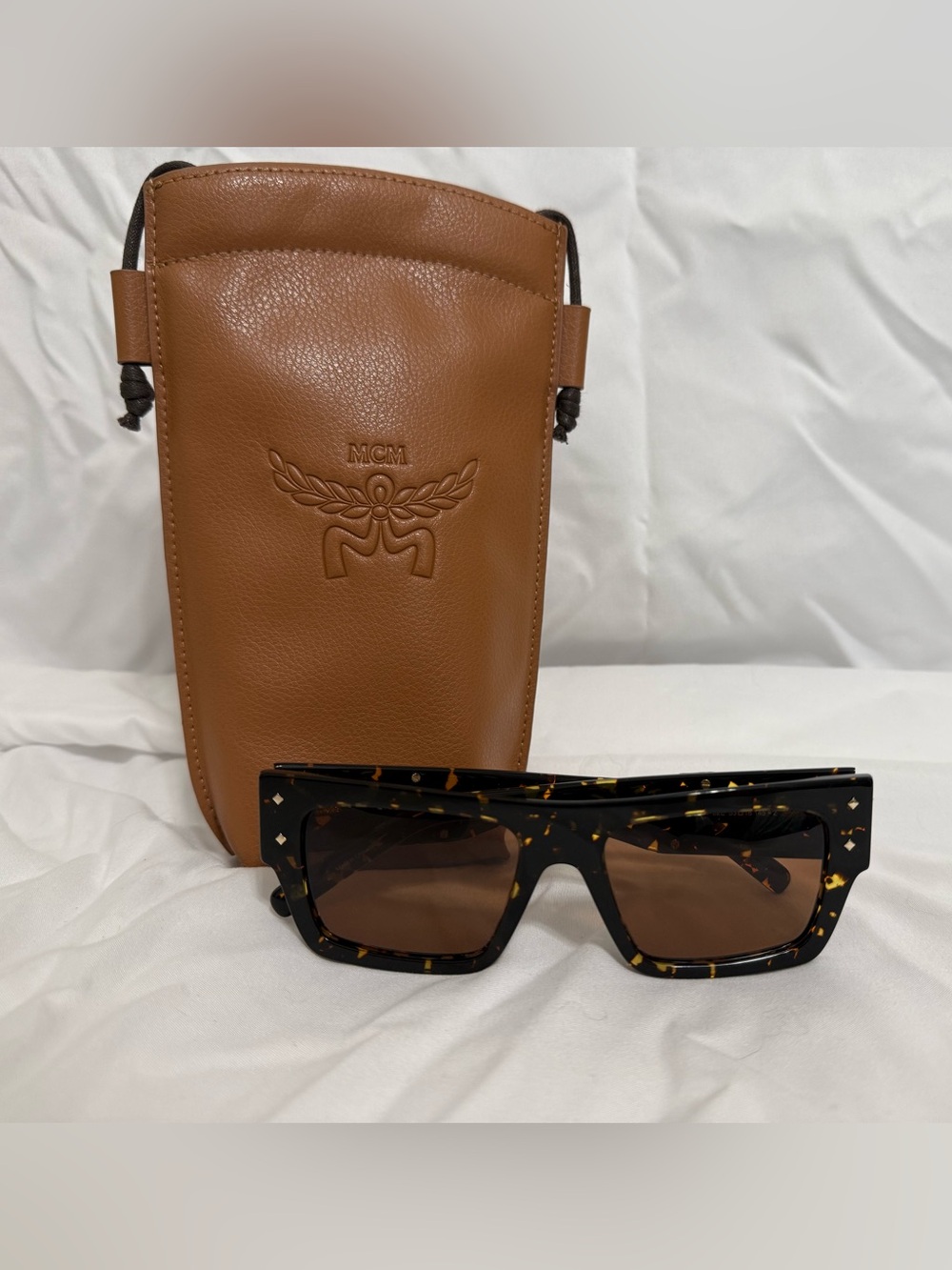MCM Tortoiseshell Square Sunglasses with Tan Leather Pouch